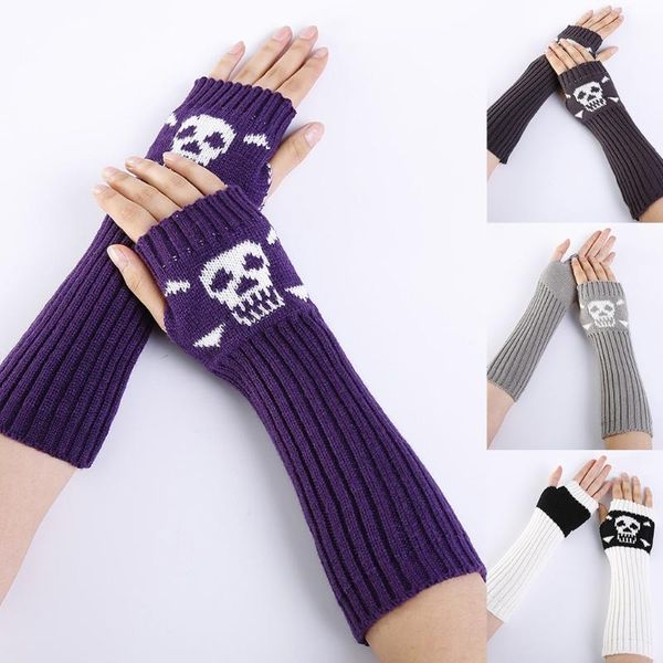 

five fingers gloves stretchy hand arm warmers fingerless skull knitted half finger driving cosplay party warm soft, Blue;gray