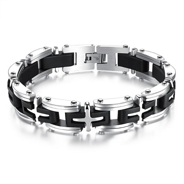 

personalized stainless steel genuine silicone silver color chain cross hollow shape bracelets fashion jewelry gift bracelet men link,, Black