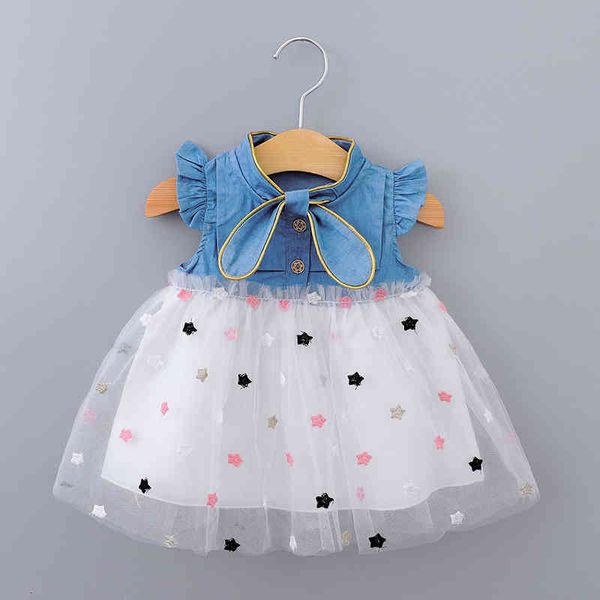 

clothing sets girls dress summer denim flying sleeves kids es for princess pentagram mesh suki, White
