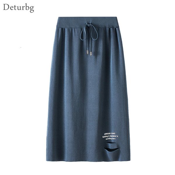

casual dresses women's fashion letters print knitted midi skirt female high waist drawstring holes splits straight skirts autumn w, Black;gray