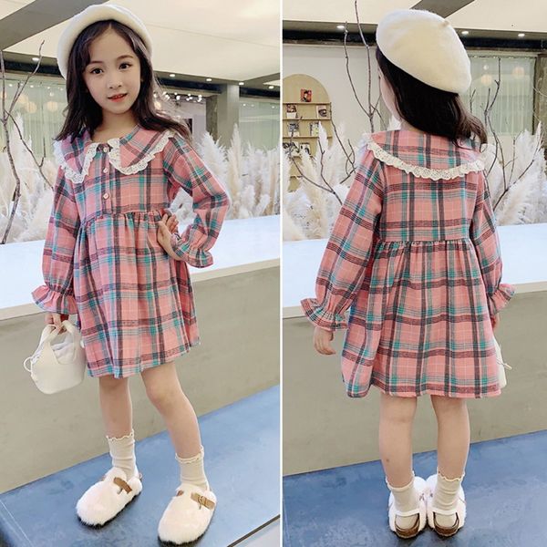 

girl's dress wholale spring girls plaid long sleeve lace peter pan collar cute princs kids cloth e8002 wr3w, Red;yellow