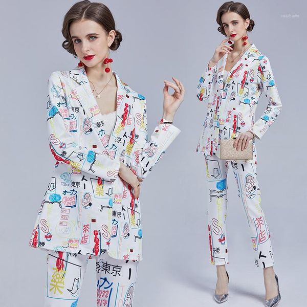 

women's two piece pants white design chic graffiti print ins blazer jacket coat suit elegant fashion ol women business suits and pant 2