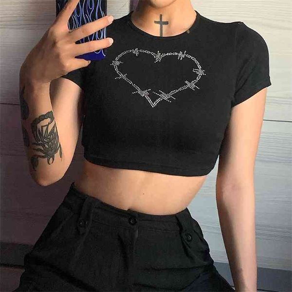 Heart Diamond Pattern Y2K Crop Top T-shirt da donna Hit Summer Kawaii Red Estetica O-Collo T-shirt nera manica corta 210510