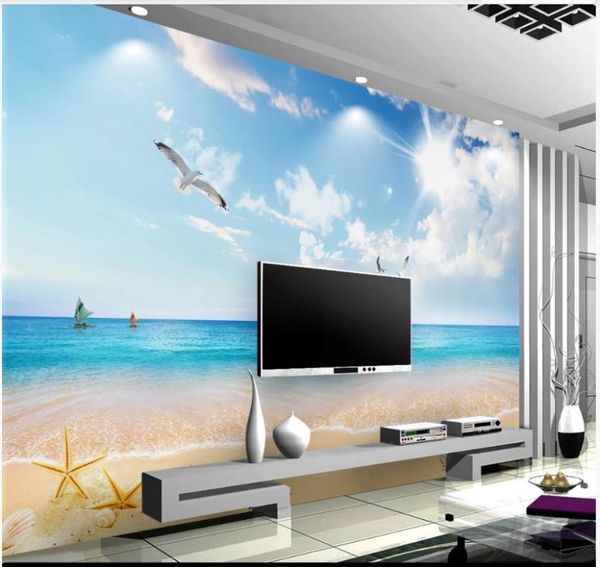 

wallpapers custom murals wallpaper for walls 3 d blue sky and white cloud beach seascape 3d tv background wall papers home decor