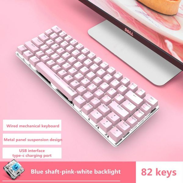 

cute pink wired mechanical keyboard white backlit 82-key metal panel gaming usb interface type-c charging port keyboards