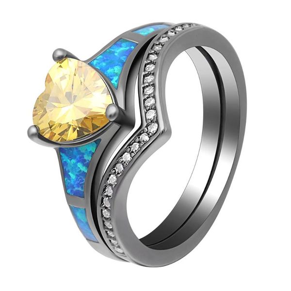 

wedding rings luxury fire opal ring sets love heart zircon black and engagement for women multi colorful cz princess accessories, Slivery;golden
