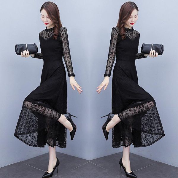 

casual dresses autumn dress women spring 2021 office lady french style ruffles long sleeve solid lace hollow out mesh turtleneck, Black;gray