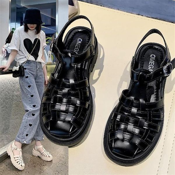 

sandals 2021 summer women's chunky platform wedge classic black white pu leather narrow band weave round toe female beach shoes