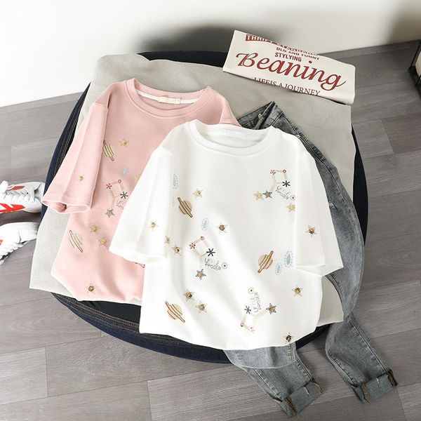 

summer fashion shirt t women pure cotton o-neck white tees funny girls loose geometric star pattern women's t-shirt