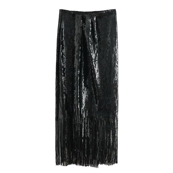 

skirts women fashion split sequined casual slim a line skirt ladies high street hem tassel knitting chic black qun232