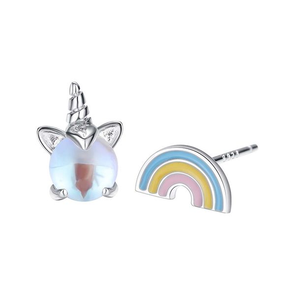 

rainbow unicorn girl's heart moon stone asymmetrical student's gift earrings, Black