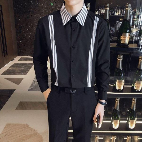

men's casual shirts patchwork color night club dress formal social shirt streetwear 2021 spring men's long sleeve loose stripe spli, White;black