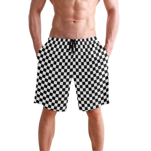 

men's swimwear black white checkered beach shorts for men polyester quick dry bermuda board surfing swimming boxer trunks bathing suits
