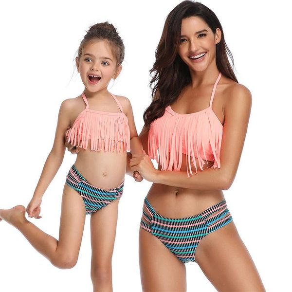 

one-piece suits mother & daughter halter swimsuit with tassels low waist two piece swimwear parent-child swim suit family matching outfits
