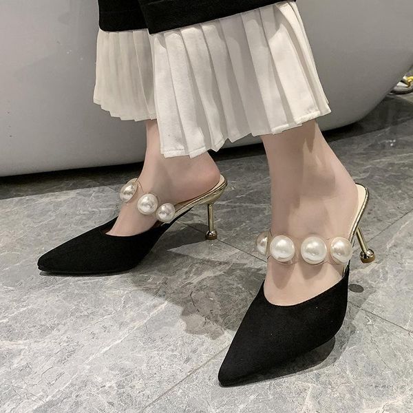 

slippers comemore 2021 womwn shoes thin heels pu cover toe ladies' luxury slides slipers women shallow high heeled mules pointed, Black