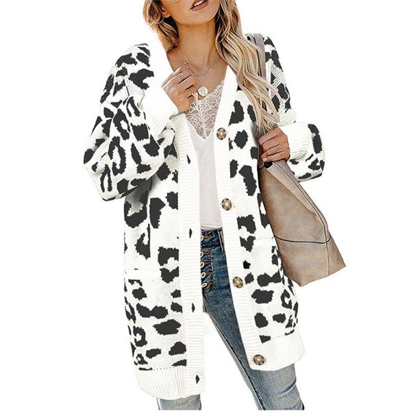 Mulheres tricotadas suéter branco amarelo khaki plus size leopardo cardigan 19 outono inverno v pescoço solto moda longa lr530 210531