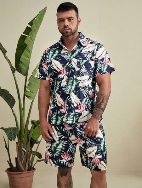 

extended sizes men tropical print pocket front shirt & shorts d73c#, Gray