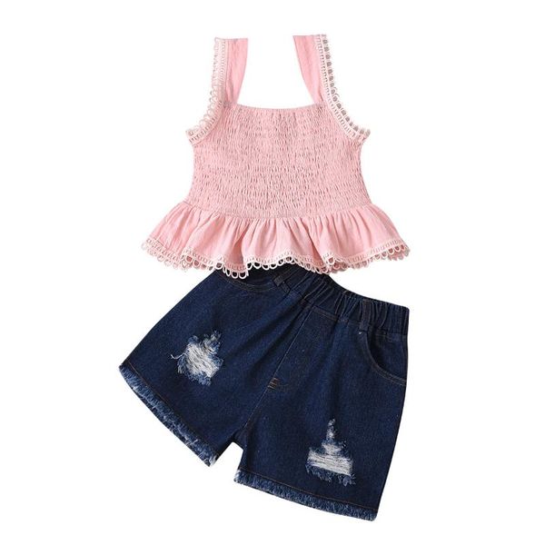

clothing sets 2021 kids baby girls summer off shoulder solid ruched vest denim short pants toddler children fashion clothes 2pcs, White