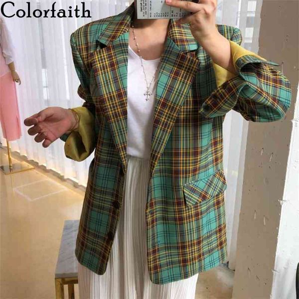 

colorfaith new autumn winter women's blazers plaid buttons pockets jackets vintage oversize checkered wild lady jk1330 210413, White;black