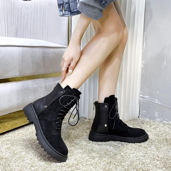 

boots women 2021 all-match plus velvet warm autumn winter england retro thick bottom female casual short boot, Black