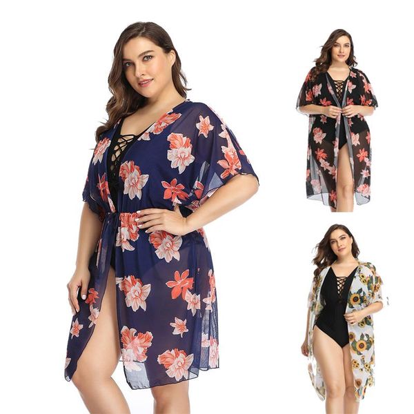 

luren plus size swimwear women's beach covered dress brazilian print skirt bikini robe holiday sunscreen bathrobe, White;black