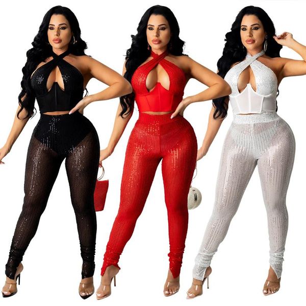 

women's two piece pants sylph 2 set 2021 hollow out see-through women outfits sets slim sleeveless halter pencil pant suit, White