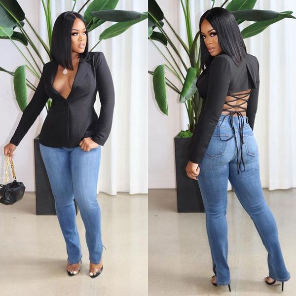 

women's suits & blazers plus size women coat autumn solid backless drawstring long-sleeve slim-fit blazer suit outerwear gothic clothes, White;black