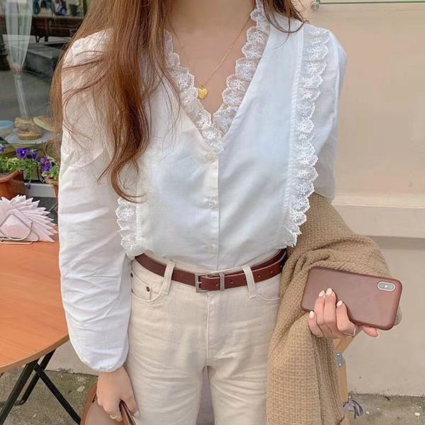 

blouses korean sweet chic patchwork office lady v-neck lace gentle ruffles cute casual all-match stylish blouses, White