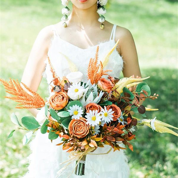 

wedding flowers sesthfar orange leaves bride bouquet artificial bruid silk rose bridal bouquets pography props