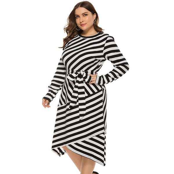 

casual dresses 3xl 4xl 5xl plus size dress women striped print high waist tied bandage irregular drape hemline elegant ladies midi party, Black;gray
