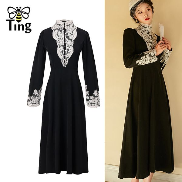 

women victorian vintage elegant black a line dress spring autumn lace patchwork midi long casual retro vestiti d 210513, Black;gray