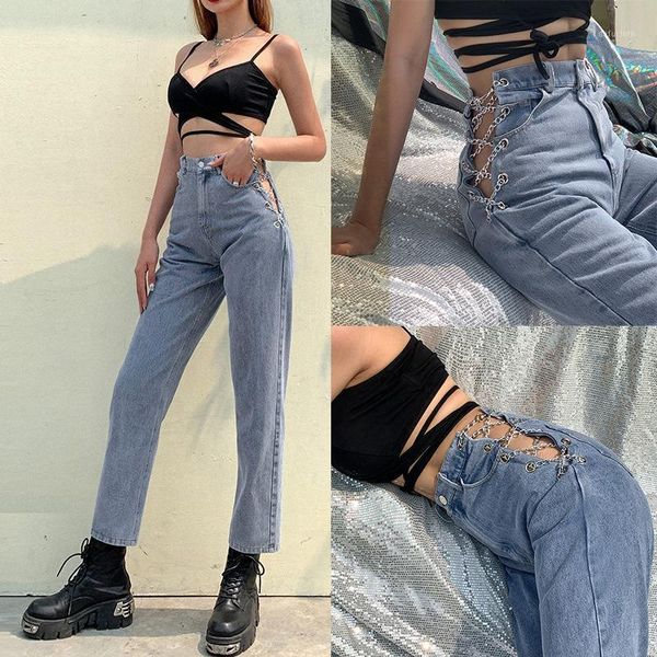 

harajuku high waist hollow out chain design slim jeans women streetwear commute straight pants women's, Blue