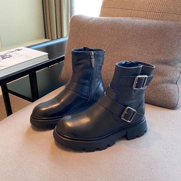 

boots winter warm shoes women genuine leather platform fur-lined belt buckle zipper mid-calf round toe botas de mujer, Black