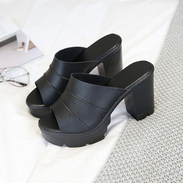 

slippers women slides mules casual summer shoes leather woman sandals open round toe high heel pumps thick heels, Black