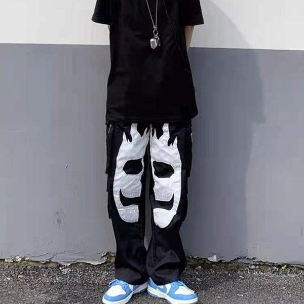 

men's pants harajuku skull embroidery pockets cargo men and women hip hop oversize elastic waist overalls loose streetwear trousers, Black