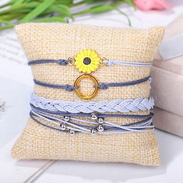 

charm bracelets vintage ethnic handmade daisy flower charms rope sets women's multi-layer boho femme bracelet pulseras mujer, Golden;silver