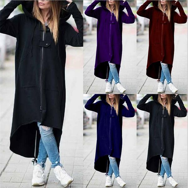 

women's trench coats 2021 women causal solid irregular winter fashion hooded zipper long fleece pocket, Tan;black