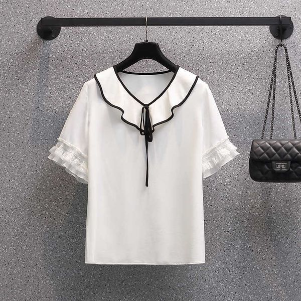 Плюс размер женской блузки V шеи вспышки рукава рубашки рюшачья лук элегантный белый дикий сверху удобный дышащий Camisa 210604