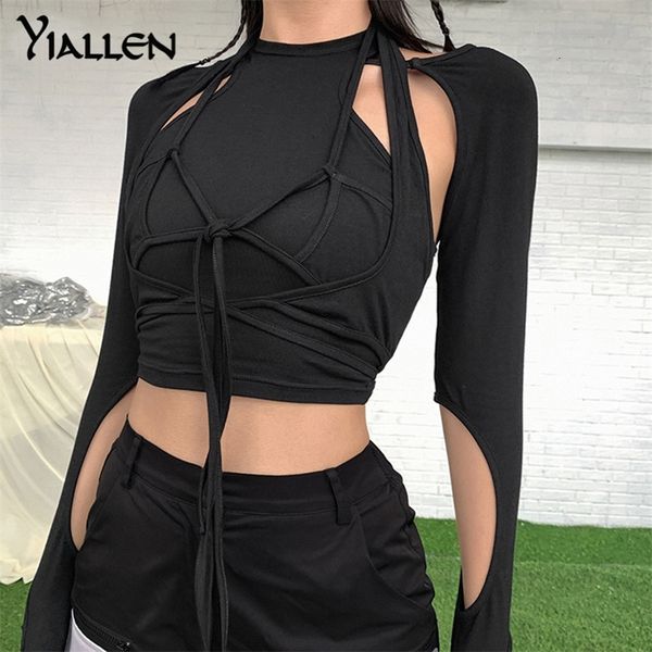 

yiallen fashion high street casual cotton tshirt women spring autumn black slim streetwear bow bandage t shirt ladies hot, White