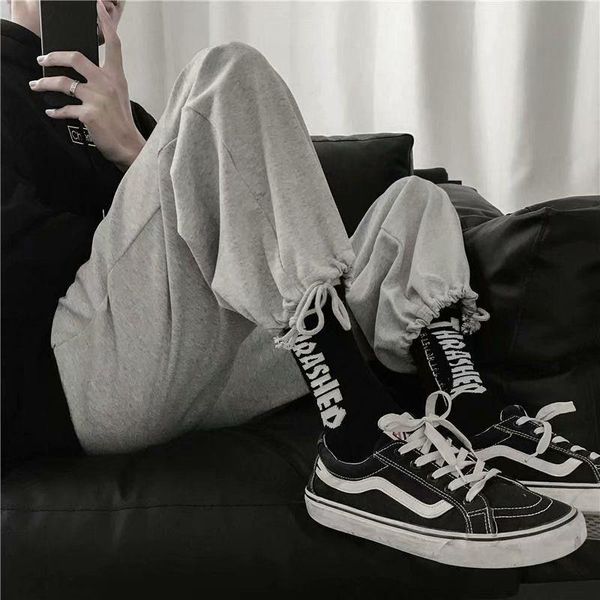 

men's pants spring and autumn sports wide leg drawstring foot binding large size guard korean version versatile, Black