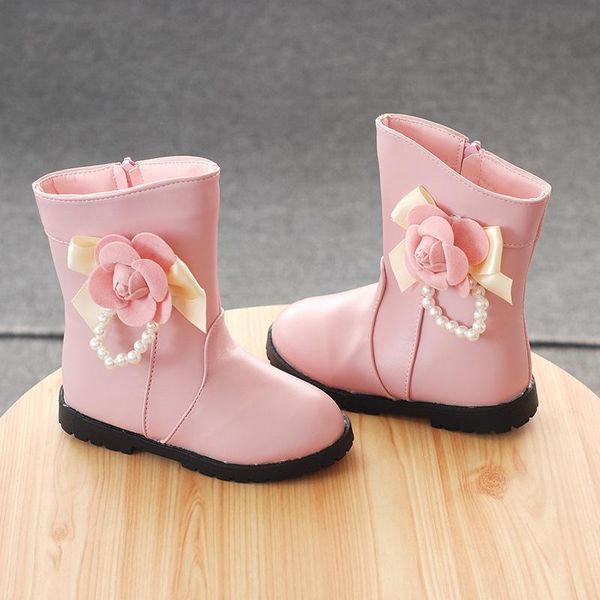 

boots autumn and winter korean girls fashion princess children' pearl pendant flower warm cotton shoes, Black;grey