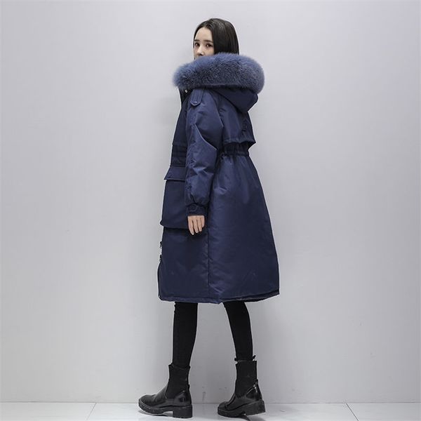 

ftlzz winter 90% white duck down coat real fur hooded jacket casual big pocket thick parkas loose jackets windproof snow outwear 211108, Black