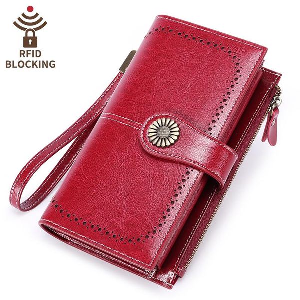 

wallets women clutch cow leather wallet female long zipper purse strap money bag for rfid 2021, Red;black