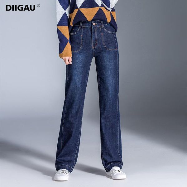 

women's jeans diigau korean version of high-waist-wide leg for women stretch loose straight pants skinny nine points, Blue