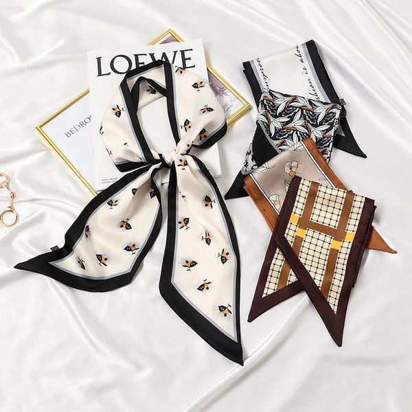 

scarves style patchwork stripe dot floral print ribbon scarf double-sided decorate silk long neckerchief women headband, Blue;gray