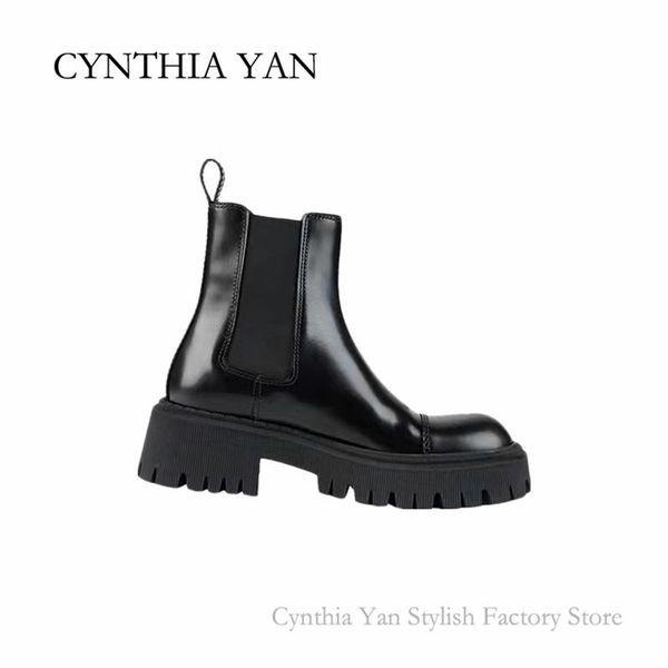 

boots 2021 fashion patent leather riding women thick high heel platform shoes round toe elastic ladies ankle, Black