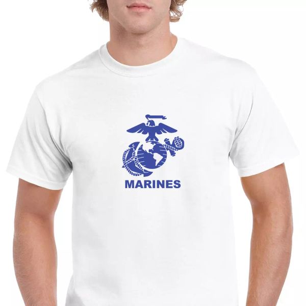 

USMC White Eagle Anchor Globe Marines US Military Logo Blue Short Sleeve T-shirt, White;black