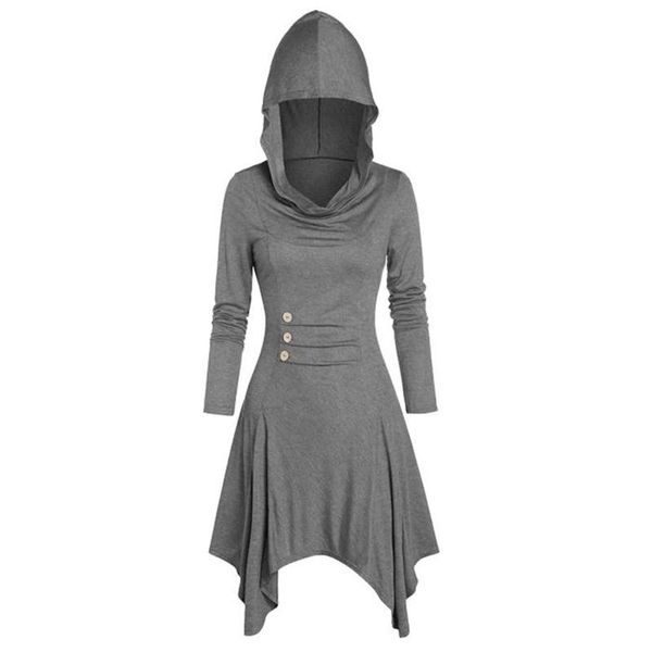 

casual dresses medieval vintage women dress solid lace up gothic clothes maxi heathered asymmetric hooded button woman, Black;gray