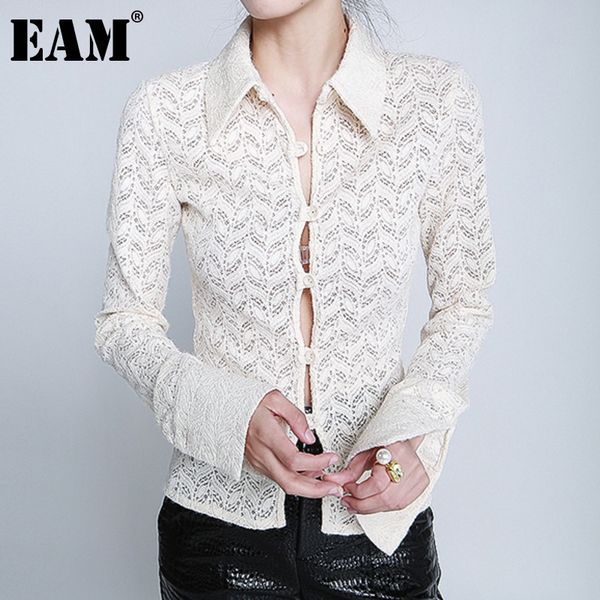 

[eam] women hollow out lace elastic slim blouse lapel long sleeve loose fit shirt fashion spring summer 1dd6007 210512, White