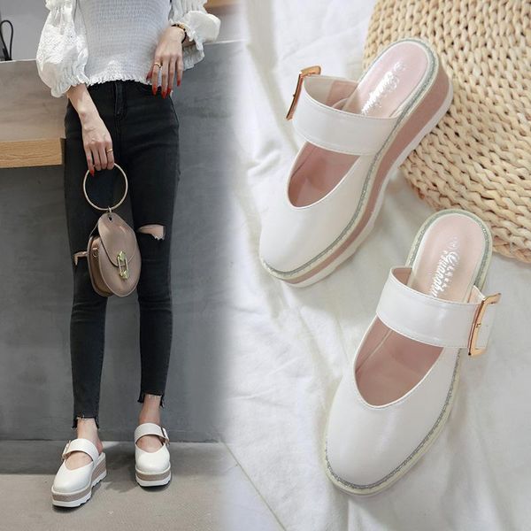 

slippers fashion belt buckle platform shoes wedges white&black creepers muffin round toe shallow mules brief comfy casual slides